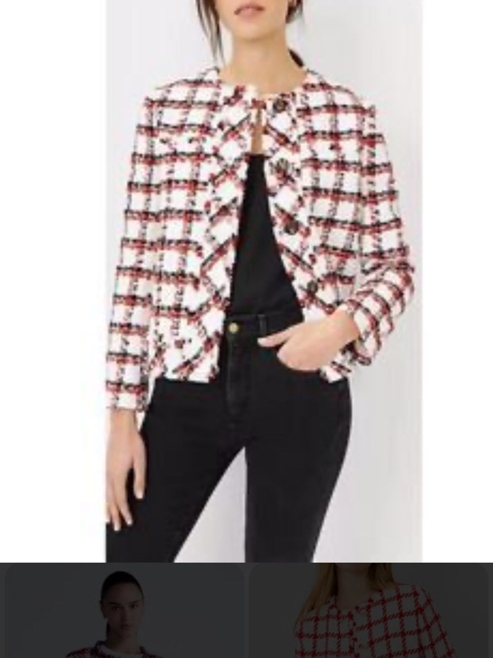 Ann Taylor White Tweed Plaid Jacket with Red & Black Windowpane